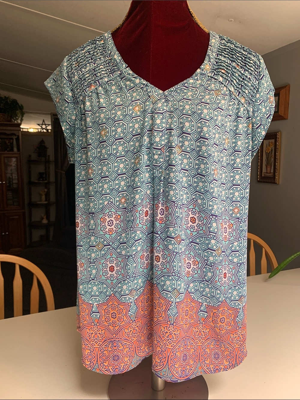 Daniel Rainn blue and Orange Patterned Short Sleeve Top